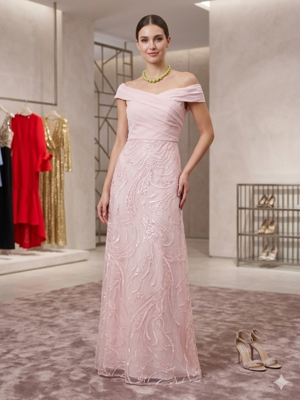Off-Shoulder Blush Pink Embroidered Evening Gown  NWT Size Med.
